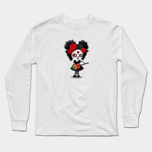 Sugar Skull Girl Playing Portuguese Flag Guitar Long Sleeve T-Shirt